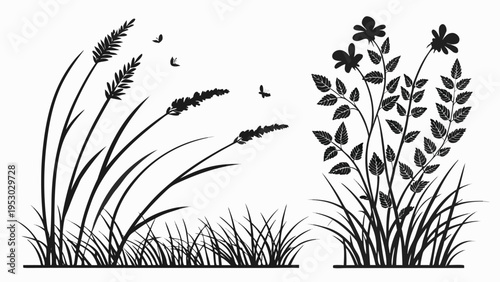 Black silhouette of wild grass, reeds, and flowering plants with butterflies