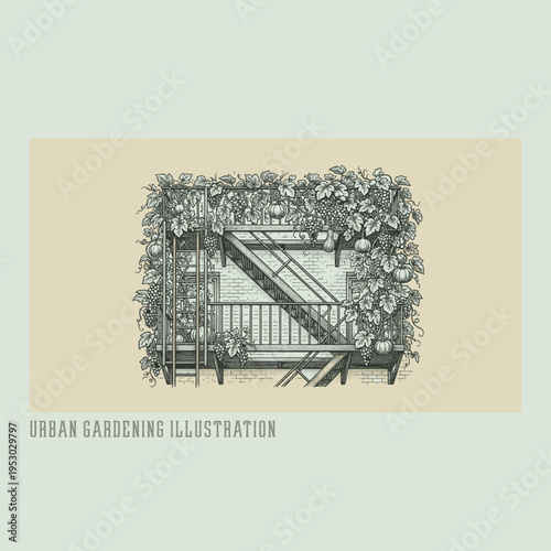 Urban garden illustration, hand-drawn organic greenery and nature-inspired design for modern living
