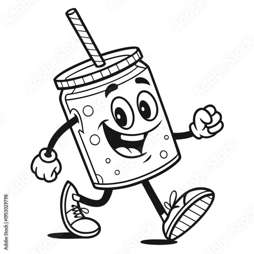 Cartoon character cup with straw running happily