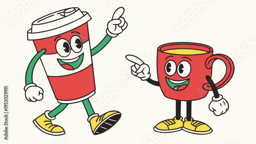 Retro cartoon coffee cup and mug characters with happy expressions and pointing fingers