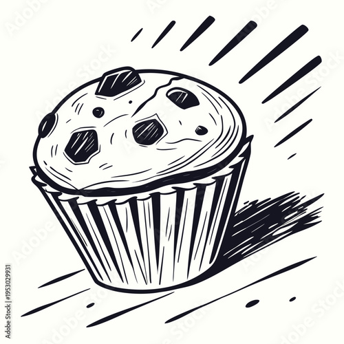 Hand-drawn muffin with chocolate chips, freshly baked dessert illustration, paper cup
