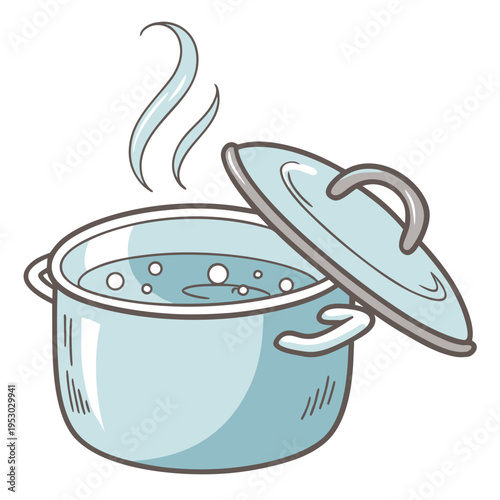 Boiling water in a pot with steam, cooking process illustration, food preparation