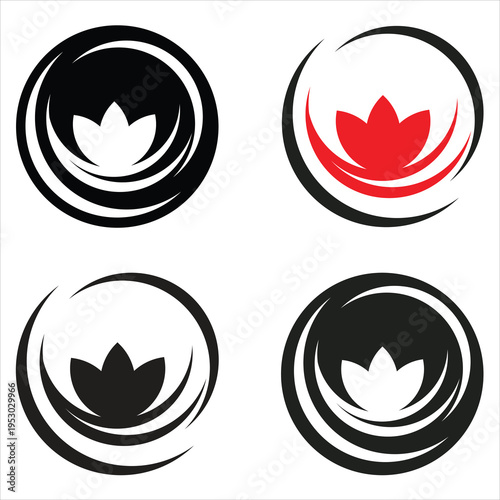 PriSet of abstract lotus flower icons with circular swirls in red and blacknt