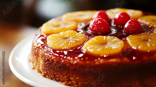 Deliciously moist pineapple upside down cake topped with caramelized fruit and bright cherries sitting elegantly on a white plate.