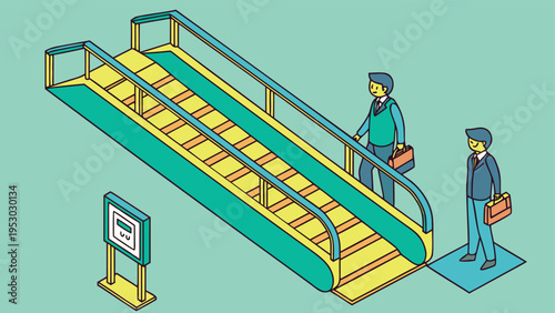 Isometric illustration of people on moving walkway escalator in airport or mall