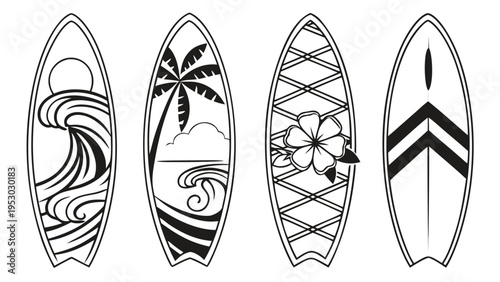 Collection of four surfboards with tropical wave and palm tree designs with line art