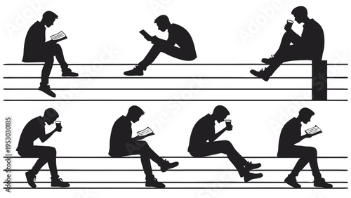 Silhouettes of men reading books and drinking coffee, relaxing outdoor concept