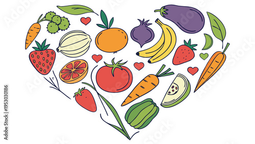 Heart shape arrangement of colorful fresh fruits and vegetables with whole food