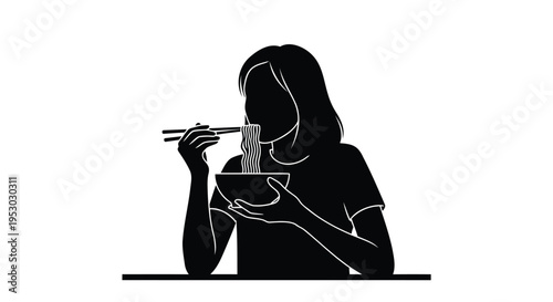 Vector silhouette of woman eating with chopsticks