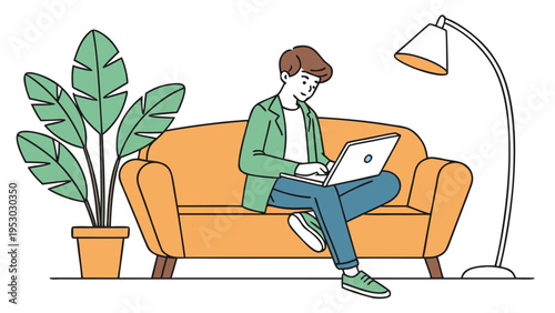 Man working on laptop on couch at home with living room