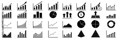 Growth icon set. Containing arrow up and down, growing graph, business Bar chart icons. Ascending and descending schedule. Business infographics. Statistic data, charts, vector. grow chart. 