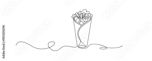 single line kebab.continuous line drawing of kebab wrap street food.delicious fast food concept.one line vector illustration.