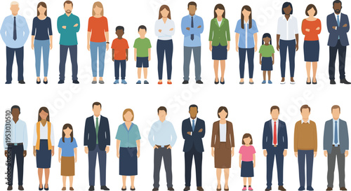 Diverse people and families standing together, multicultural community members group, parents children adults collection, society vector illustration set