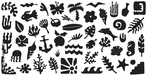 Tropical ocean symbol set, abstract marine silhouettes, boho summer icons. Branding, logo, sticker, packaging, surf shop, beach club, coastal decor assets. Vector illustration.