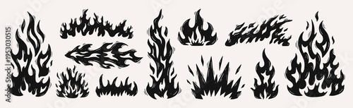 Black stylized flames set, blazing fire shapes, intense hot energy, danger mood. Logo, sticker, tattoo, poster, racing, apparel design, grunge hand drawn retro style. Vector illustration