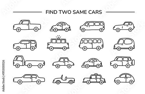 Find two same cars worksheet, kids matching puzzle, black outline vehicle game. Preschool, kindergarten, homeschool, classroom activity page, printable workbook. Vector illustration.