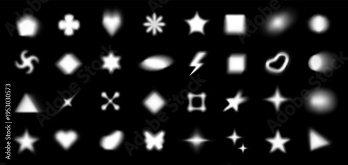 White blurry shape with fluid soft gradient on black background. Light geometric blobs, star and heart, lightning and vortex with liquid aura for Y2K futuristic graphic effect. Vector isolated set