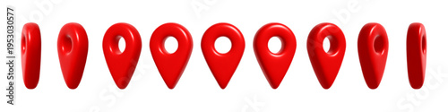 3D red location pin icon for map navigation and travel, glossy direction arrow for GPS destination search. Realistic vector set for web, app and tourism design, marking and address, landmark