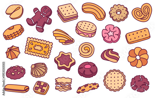 Color cookie and pastry doodle. Gingerbread man and macaron for bakery branding, kids menu or sweet snack packaging. Cute vector hand drawn set of dessert. Waffle and eclair for sticker