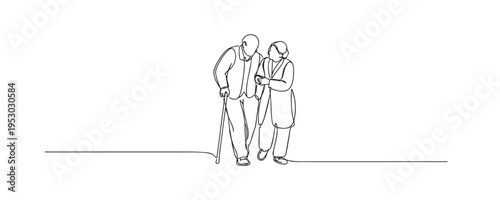 single line elderly couple walking.continuous line drawing of grandfather and grandmother walking together.family love concept.one line vector illustration.