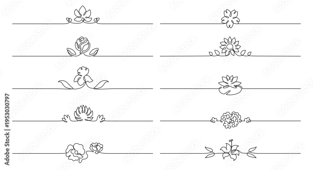 Naklejka premium Floral borders separators with one line divider frame for ornament flourish lotus. Rose lily iris with peony hydrangea tulip for flowers horizontal border. Flourishes dividers floral.