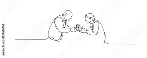 single line elderly couple exchanging gift.continuous line drawing of senior man giving present to woman.love and appreciation concept.one line vector illustration.