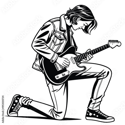 Young rock guitarist playing electric guitar on one knee, rockstar lifestyle illustration
