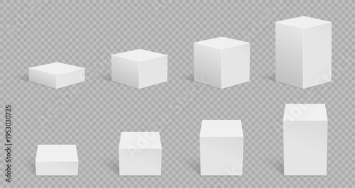 Cubes 3d realistic and box cube boxes with set pedestal podium. Stand stage platform and plinth vector mockup with blank white geometric. Shape cubes shadow and transparent background box.