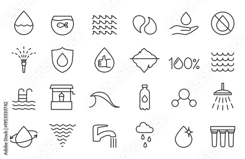 Water h2o waves with drop aqua faucet and tap droplet filtration. Filter shower line with icons sprinkler pool and swim bath recycle. Quality hygiene water with vector set drop and purifier.