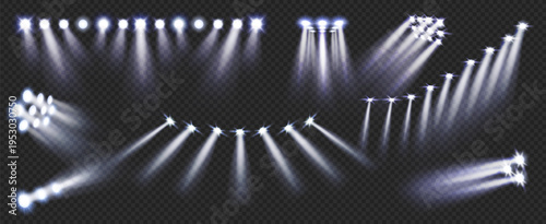 Light beams set and spotlight spotlights lighting with rays glow flares. Ray starburst glare and halo flare beam with sparkle realistic vector. Grid light transparent background and stadium.