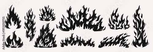 Fire burning flames with flame bonfire doodle for set blaze campfire. Spark smoke hot with heat energy hazard for warning danger safety. Decal tattoo fire with black flame grunge for bonfire.