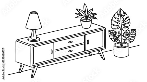 Mid-century modern sideboard with plants and lamp, line art vector illustration