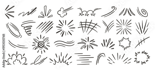 Comic anime motion with movement manga doodle and elements speed lines. Burst starburst sparkle with swoosh whoosh impact and zap boom explosion. Smoke cloud comic with curve emphasis movement.