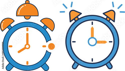 Alarm clock icons set with ringing bell and classic timer design representing time management, deadline reminder and schedule concept