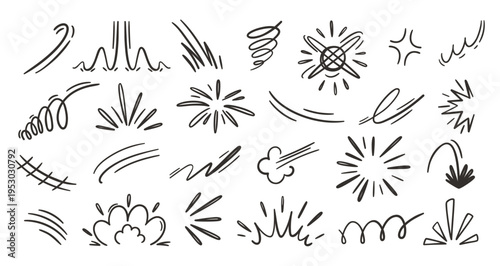 Comic doodle manga and motion lines anime with speed whoosh swoosh. Burst starburst sparkle and shine impact hit with zap pow boom. Sketch comic explosion and smoke motion dynamic with effect.