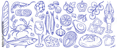 Mediterranean fish tuna and food seafood salmon with shrimp prawn crab. Doodle lobster mussel and clam oyster lemon with olive oil bread. Baguette mediterranean blue and outline food pepper.