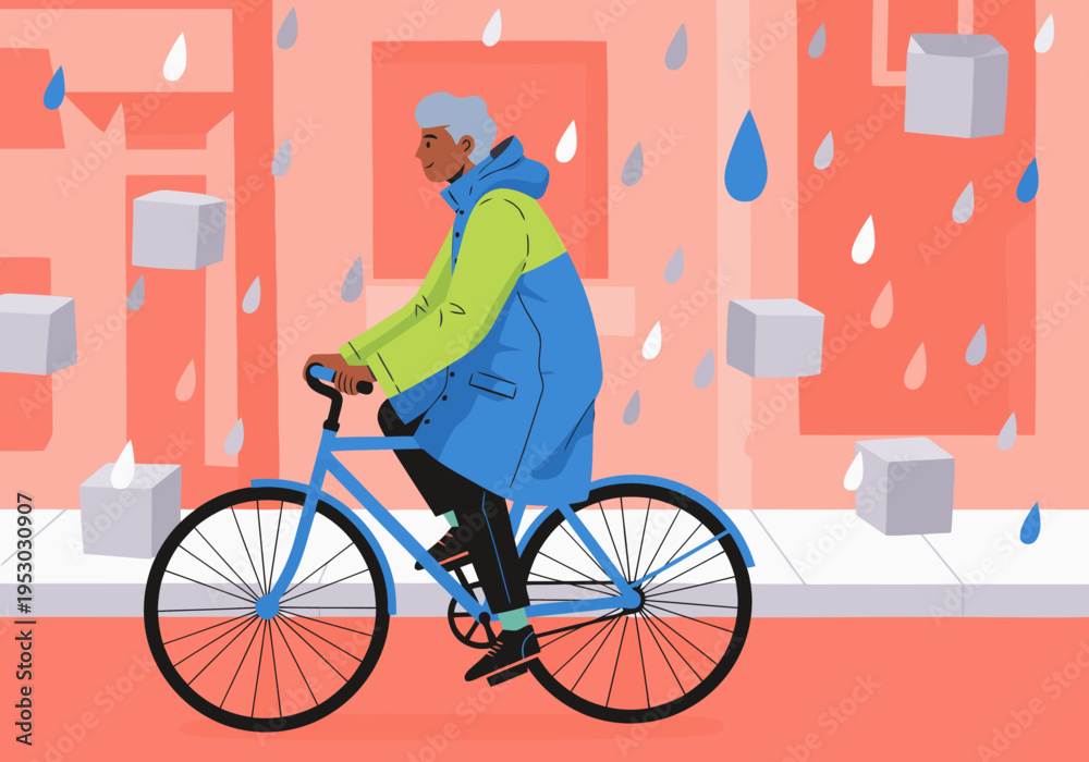 Fototapeta premium A cyclist delivers a rain jacket on a bicycle during a rainy day. Modern illustration style with a vibrant, playful aesthetic.