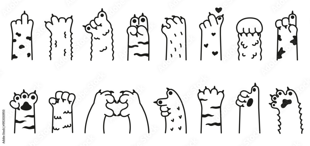 Fototapeta premium Funny cats animal paw gestures set, cute doodle hands, rude finger signs, heart symbol poses, playful mood. Sticker, print, emoji, social media design. Vector illustration