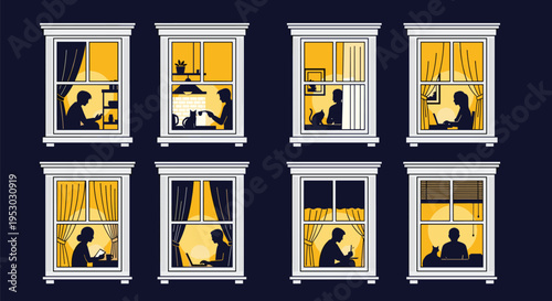 people in window silhouettes collection, cozy home night scenes, indoor lifestyle illustration, apartment window life moments, evening daily routine