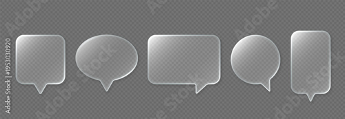Translucent speech bubble set, frosted glass chat message shapes, transparent background. UI, messenger, app, social media, website comment interface, sticker design. Vector illustration.