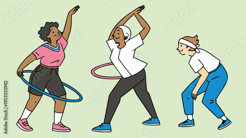 Diverse people exercising with hula hoops and fitness moves illustrated with hula hoop