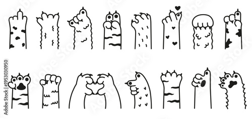 Funny cats animal paw gestures set, cute doodle hands, rude finger signs, heart symbol poses, playful mood. Sticker, print, emoji, social media design. Vector illustration