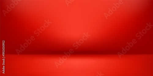 Red studio background, empty wall floor scene, smooth gradient backdrop, central copy space. Product mockup, cosmetic showcase, branding, retail banner. Vector illustration.