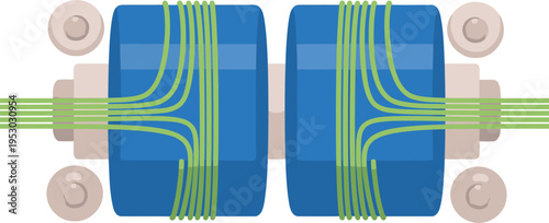 Detailed illustration of a fiber tension roller mechanism. Vibrant blue and green colors showcase a modern, technical design. Perfect for tech, engineering, or industrial concepts.