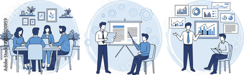 Business meeting and data analysis illustration set, team discussion presentation analytics dashboard concepts, corporate planning strategy, modern flat design office scenes