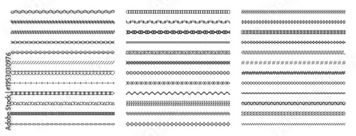 Decorative border set, geometric ornamental divider lines, seamless trims. Invitation, card, textile, packaging, frame, scrapbook, web decoration. Vector illustration.