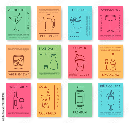 Colorful drink poster template set, cocktail beer wine flyer collection, minimal line art style, festive nightlife mood. Bar menu, restaurant advertising, party invitation. Vector illustration.