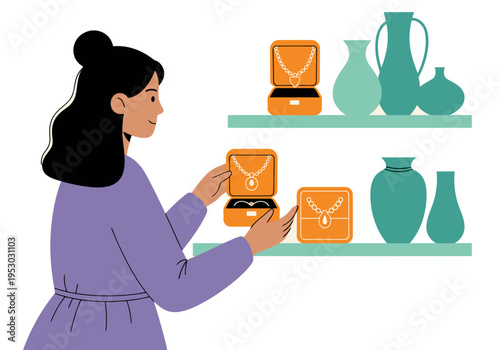A woman examines jewelry on shelves, selecting a family heirloom.  Warm tones and a thoughtful expression convey legacy planning.  Ideal for lifestyle and family themes.