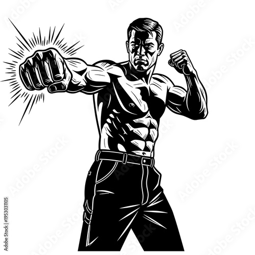 Punching Man Silhouette Dynamic Illustration Isolated White Background
