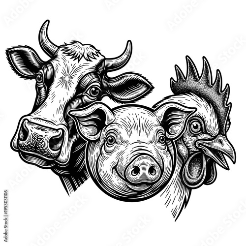 Farm Animal Silhouette Cow Pig Chicken Isolated White Background
